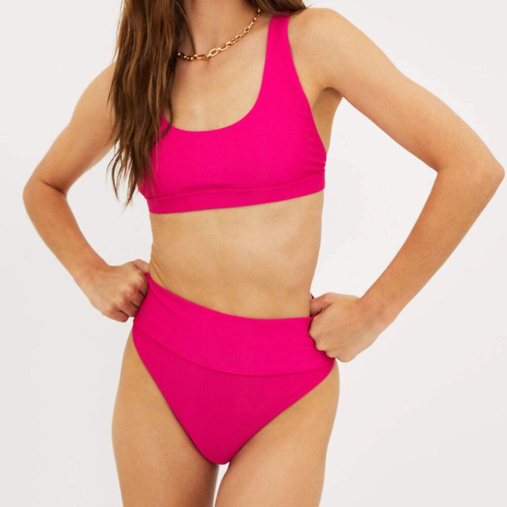 Beach Riot Hot Pink Ribbed Scoop Bikini Set